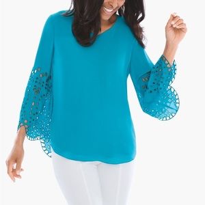 NWT Chico’s Tropical Teal Blue Eyelet Drama Long Sleeve Fashion Blouse Top